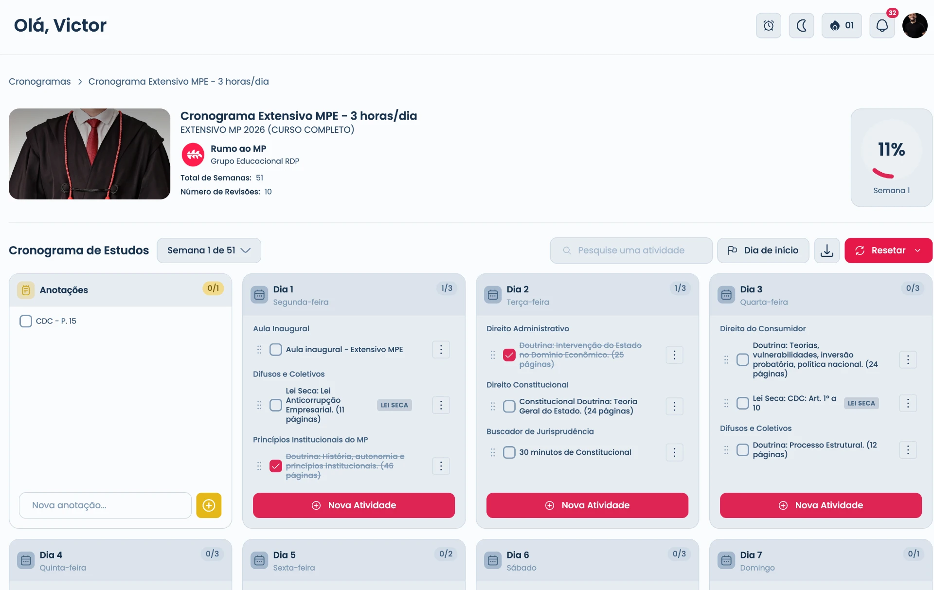 Plataforma RDP — Cada dia, exatamente o que estudar