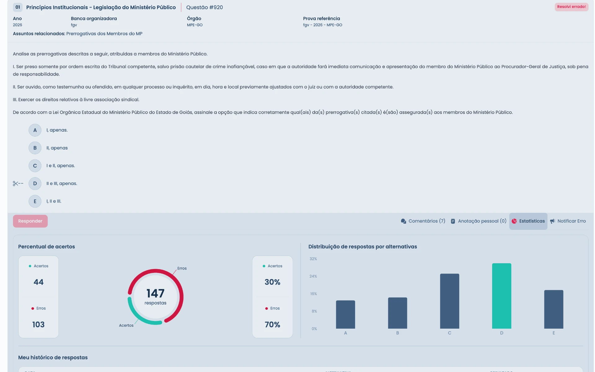 Plataforma RDP — Cada questão mostra onde você errou